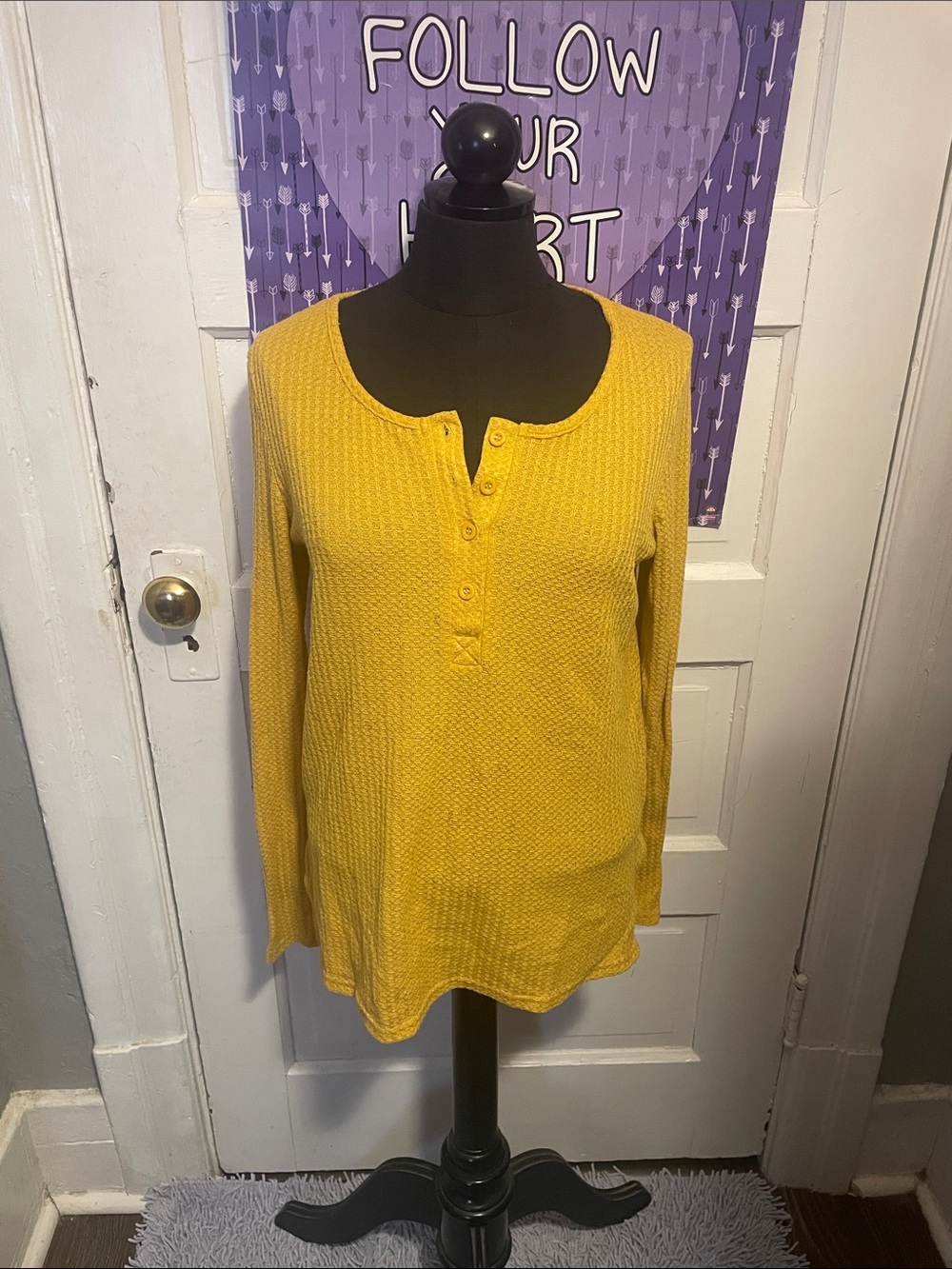 Women's Mustard Waffle Henley Long Sleeve Top